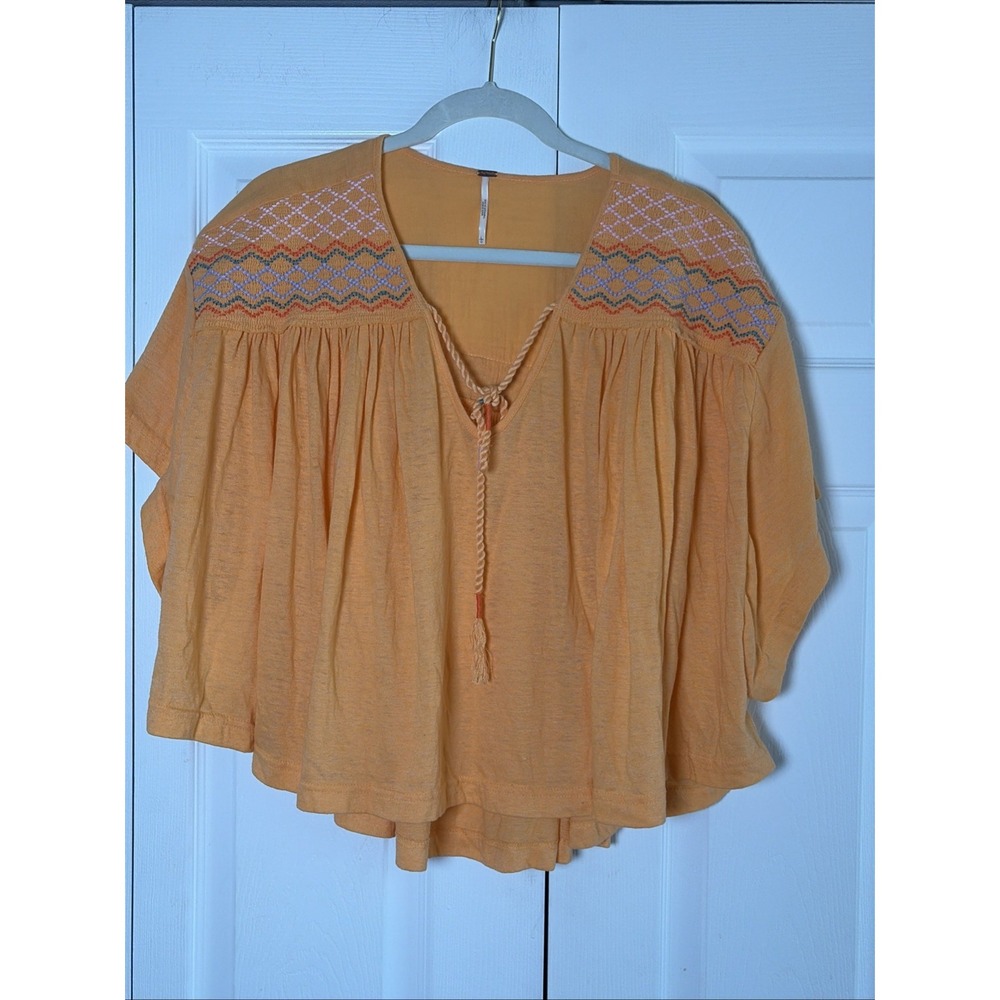 Free People Embroidered Boho Peasant Top Womens Size L Orange Tassel Cotton